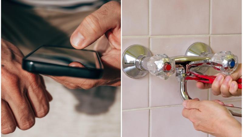 colaj foto cu robinet de baie si cu persoana care foloseste telefonul