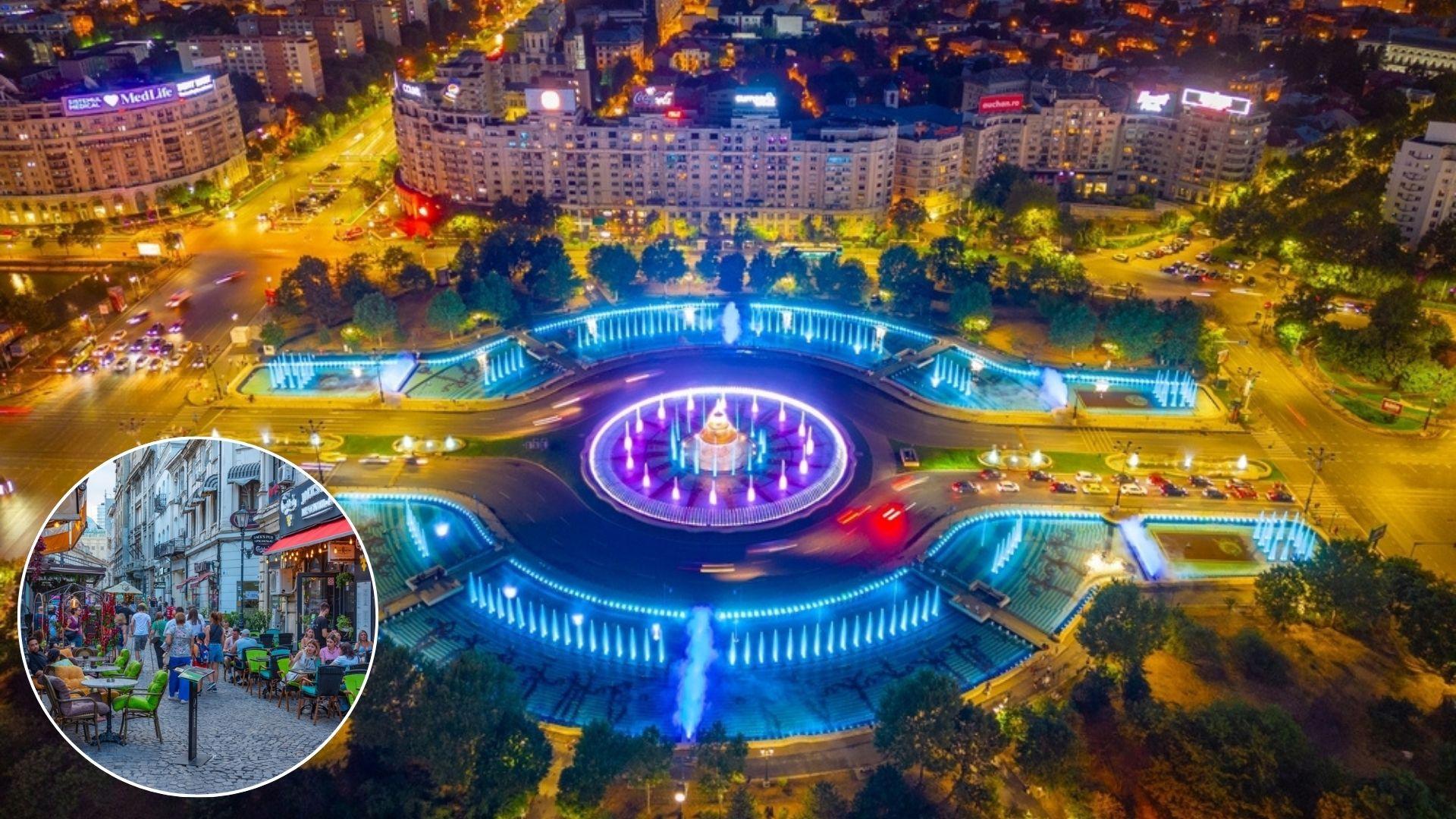 Colaj cu fântânile de la Unirii și Centrul Vechi din București
