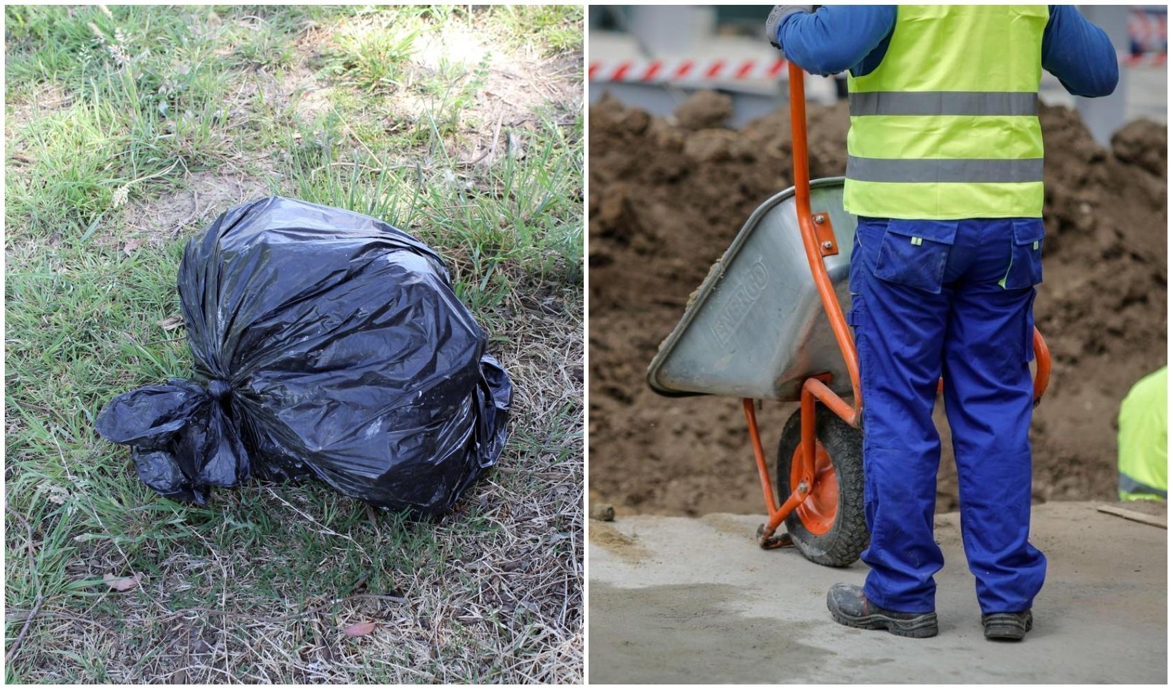 colaj foto cu muncitor si un sac negru