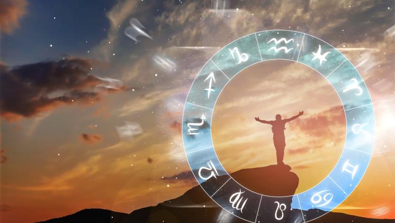 persoana pe munte si cercul celor 12 zodii