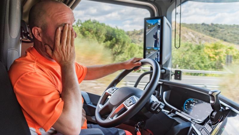 imagine cu un sofer de tir intr-un tir