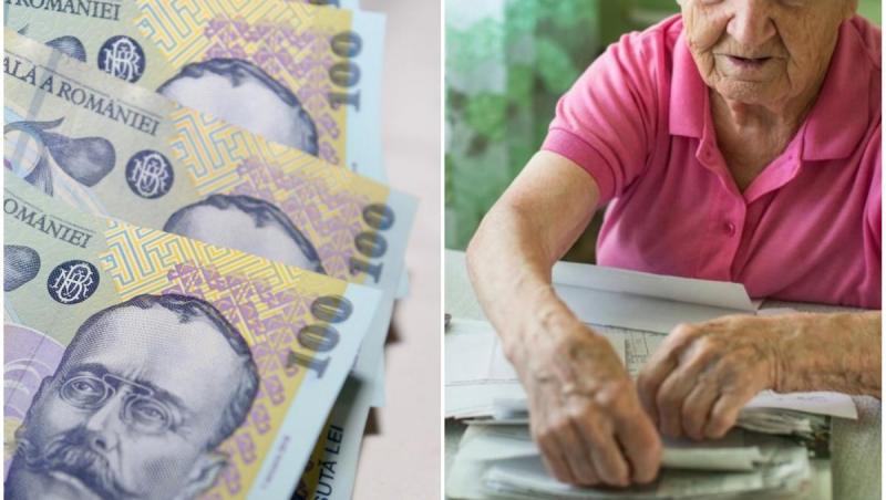 colaj foto cu lei romanesti si imagine cu o pensionara