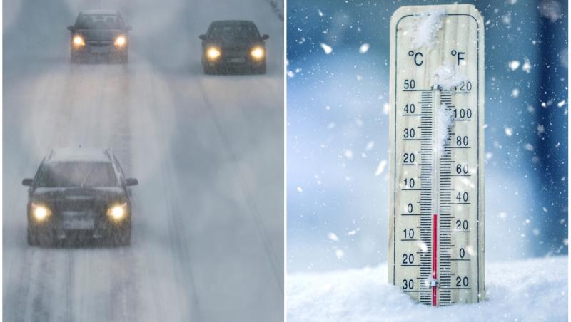 colaj foto cu masini in ceata si termometru iarna