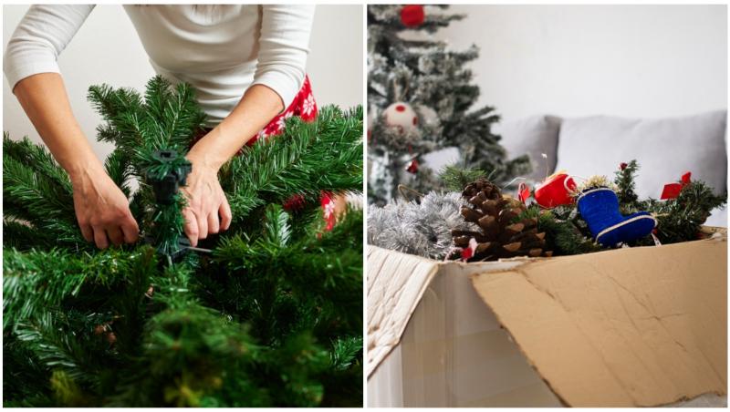 O femeie care str&acirc;nge bradul de Crăciun și o cuție cu decorațiuni