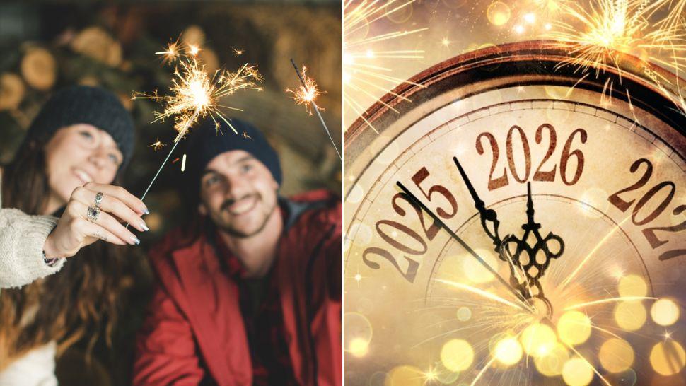 colaj tânără și tânăr care țin artificii și ceas la noaptea dintre ani