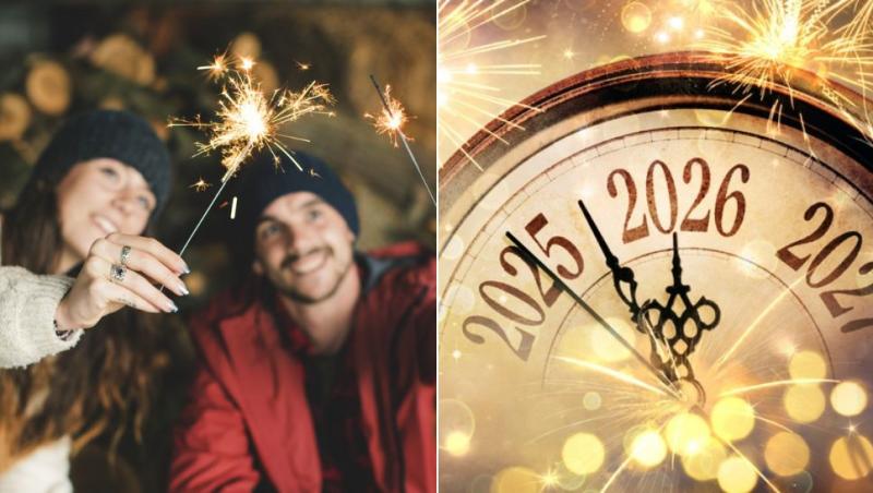 colaj t&acirc;nără și t&acirc;năr care țin artificii și ceas la noaptea dintre ani