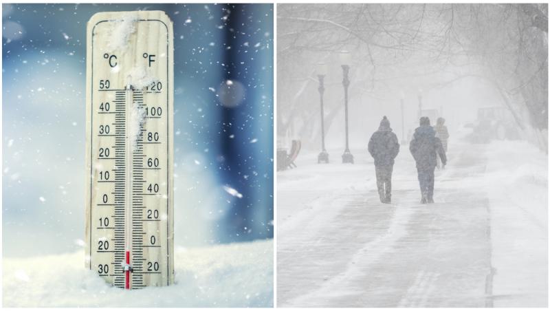 Colaj cu un termometru și oameni care merg pe ninsoare