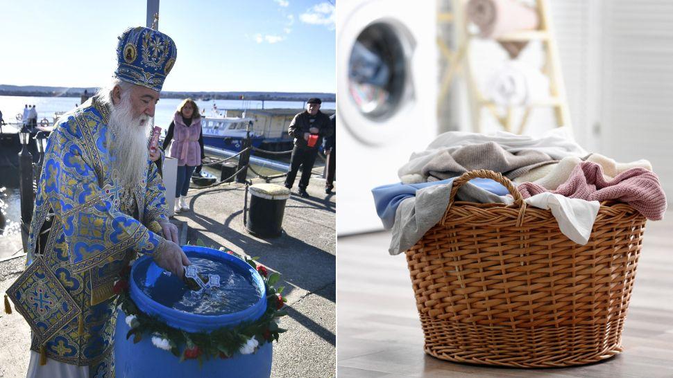 colaj preot care sfințește apele în port și coș cu rufe în baie