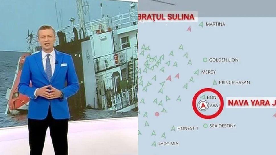 colaj jurnalist observator și hartă cu locația navei în momentul în care ar fi fost lovită de dronă