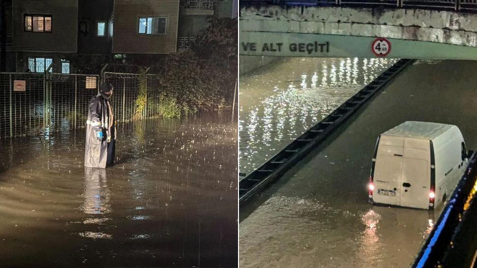 colaj persoană pe stradă în apă și mașină sub un pod inundat