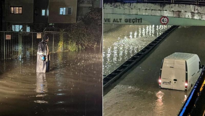 colaj persoană pe stradă &icirc;n apă și mașină sub un pod inundat