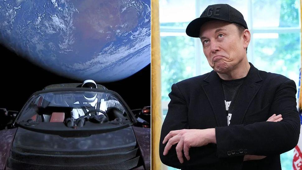 colaj elon musk și mașină care pare să zboare condusă de un astronaut, iar în spate se vede terra