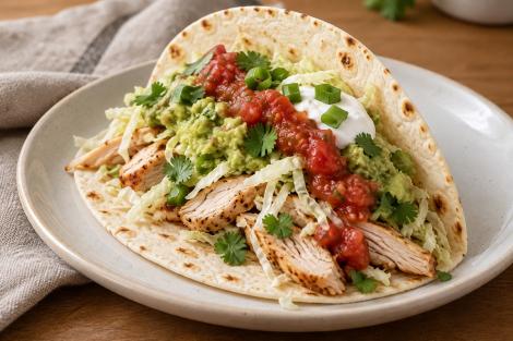 Tacos cu pui la cuptor, guacamole și varză proaspătă. Rețetă inspirată din bucătăria mexicană