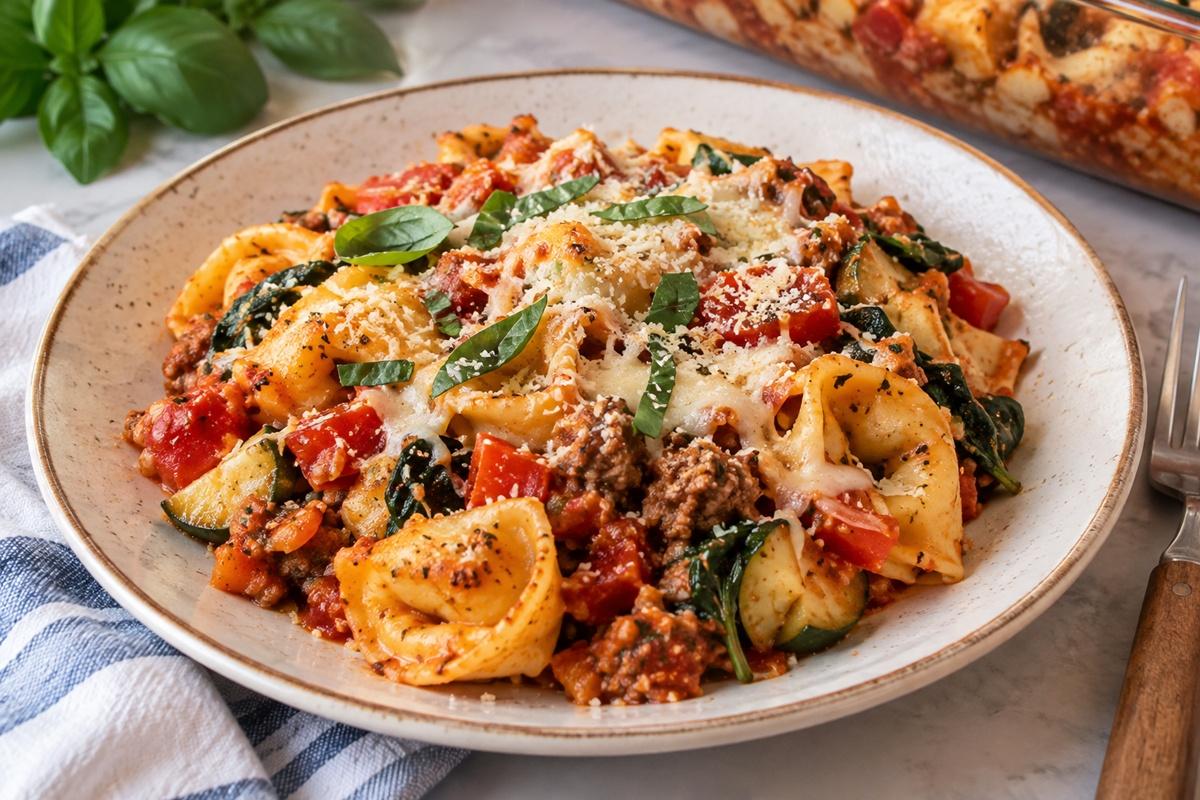 Tortellini la cuptor cu c&acirc;rnați italienești, legume și mozzarella