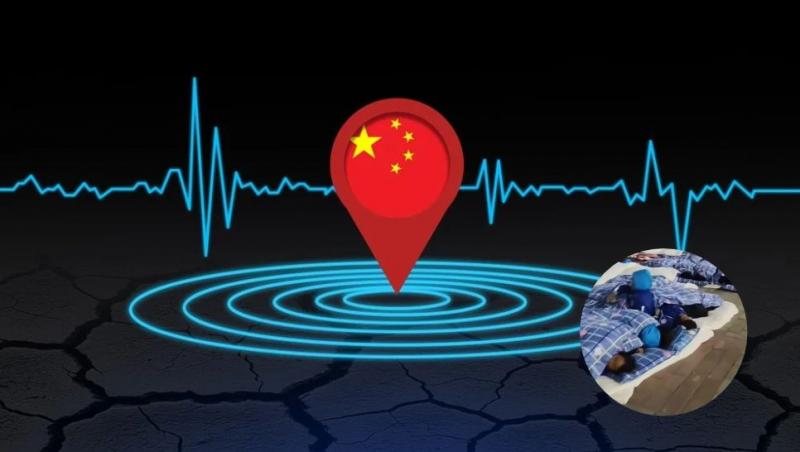 colaj cutremur cu pin cu steagul chinei și copii care dorm afară &icirc;n saci de dormit