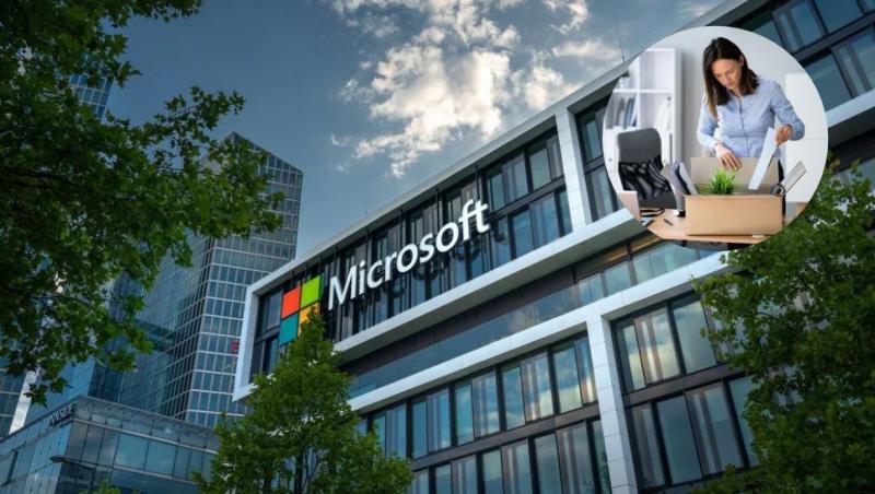 colaj clădirea microsoft și femeie care &icirc;și str&acirc;nge lucrurile la birou