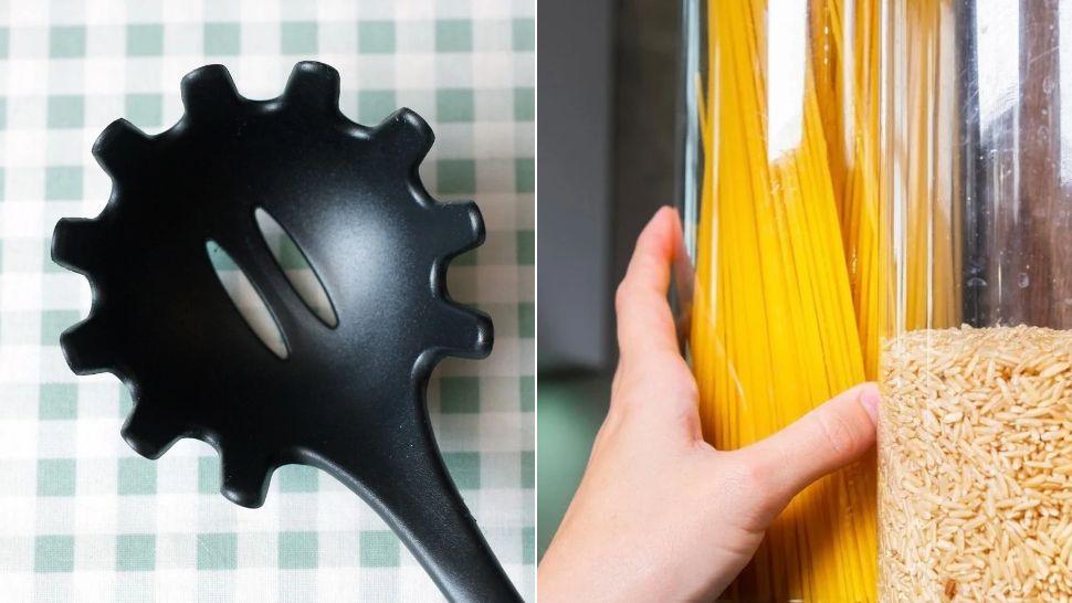 colaj lingură pentru spaghete și mână care ia recipientul cu spaghete de pe raft