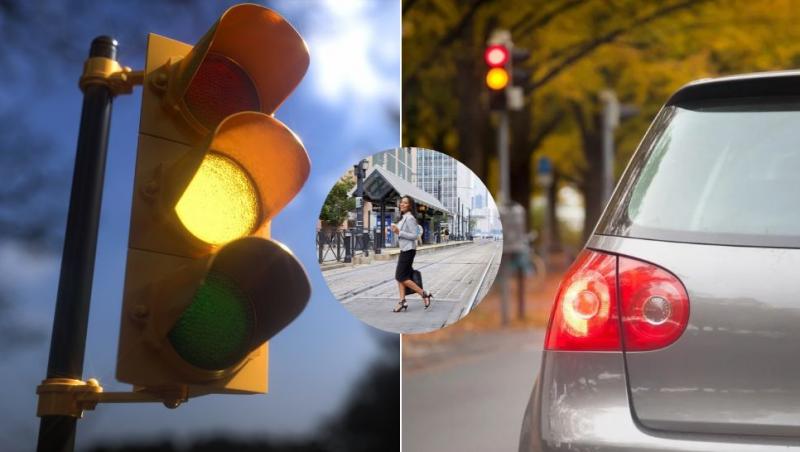colaj semafor pe culoarea galbenă, mașină oprită la semafor c&acirc;nd se schimbă de la galben la roșu și femeie care trece strada pe liniile de tramvai