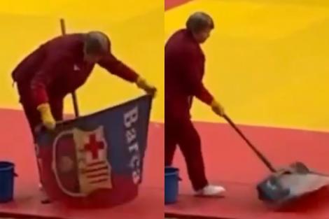 Scandal &icirc;n Kazahstan, după ce o femeie de serviciu a spălat podeaua cu steagul Barcelonei. Imaginile care au st&acirc;rnit controverse
