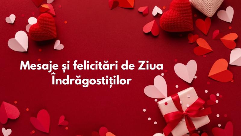 Inimioare și cadouri pe fundal roșu