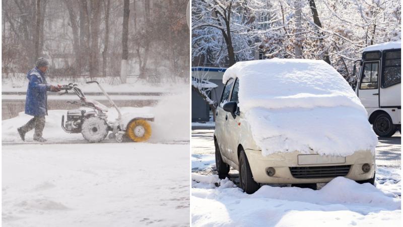 colaj foto cu barbat care curata zapada si imagine cu masina acoperita de zapada