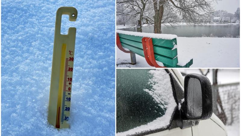 colaj foto cu termometru in zapada, oglinda unei masini si banca in parc acoperit cu zapada