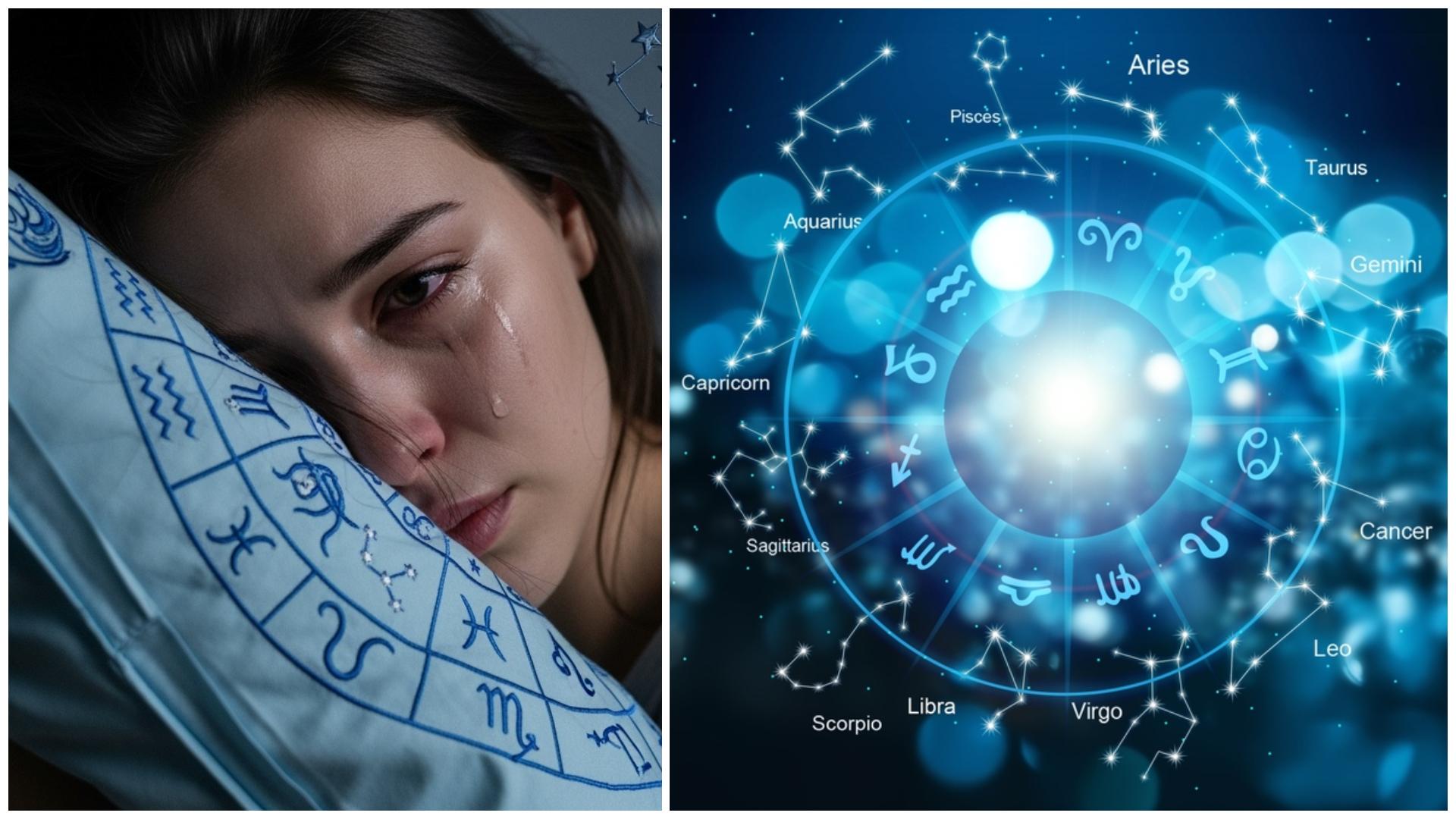 Colaj cu semne zodiacale, o fată care plânge în pernă și horoscop