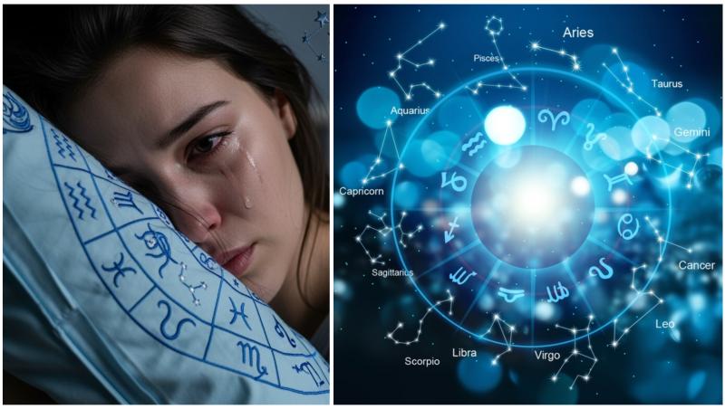 Colaj cu semne zodiacale, o fată care pl&acirc;nge &icirc;n pernă și horoscop