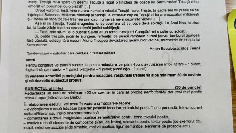 Subiecte și barem la proba scrisă la Limba și literatura română, la Bacalaureatul 2026. Ce au avut de rezolvat elevii