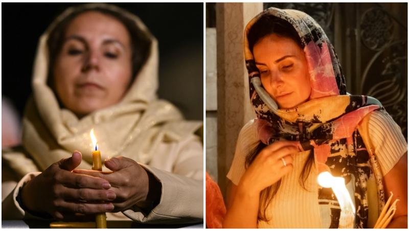 Colaj cu două femei care se roagă și țin lum&acirc;nări &icirc;n m&acirc;nă