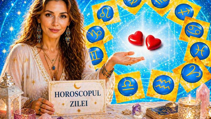 imagine cu cercul celpr 12 zodii din horoscop si o femeie care sta la o masa cu lumanari si pietre semipretioase