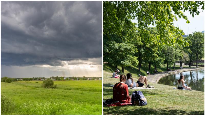 Colaj cu cer noros și persoane care stau &icirc;n parc