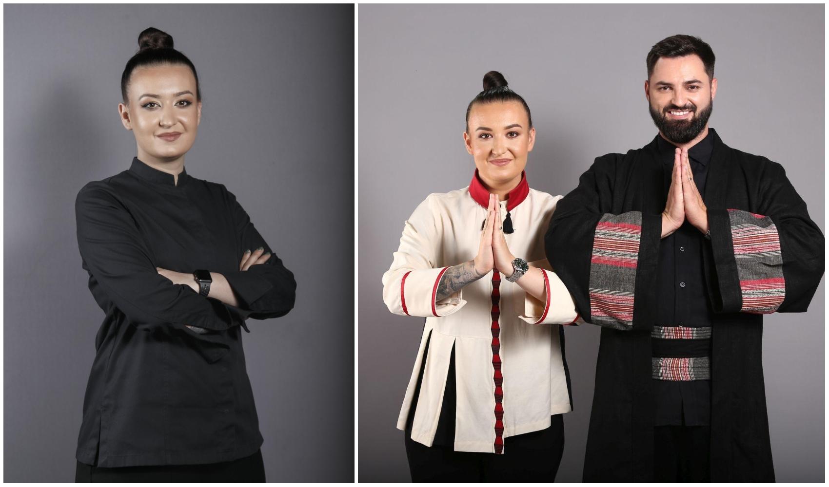 colaj foto cu roxana blenche si catalin bucur, pe fundal gri