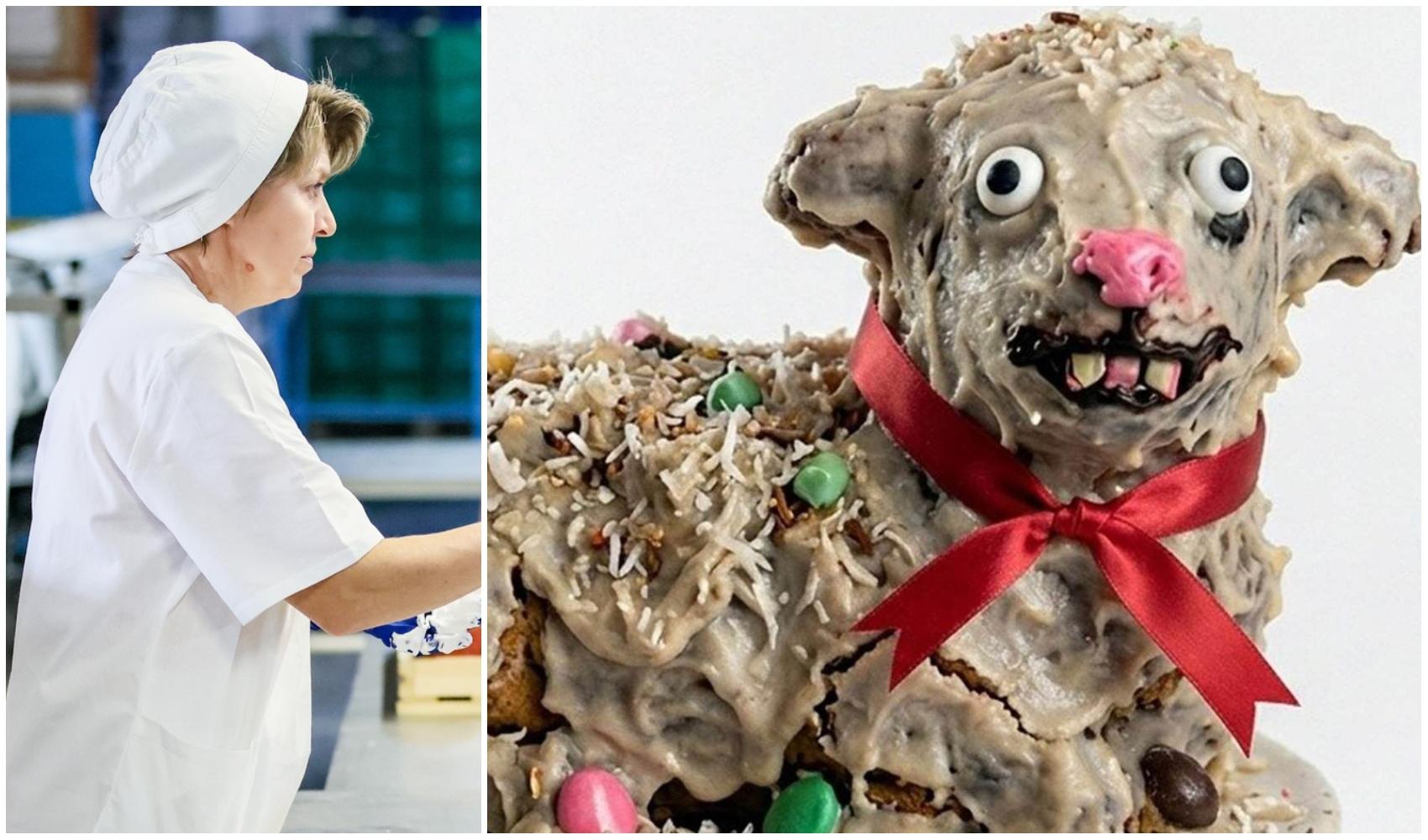 colaj foto cu femeie de la patiserie si ou de paste alaturi de tort de paste