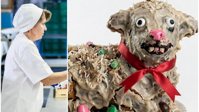 colaj foto cu femeie de la patiserie si ou de paste alaturi de tort de paste