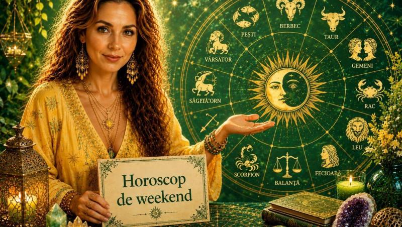 O femeie pe un fundal verde cu semne zodiacale