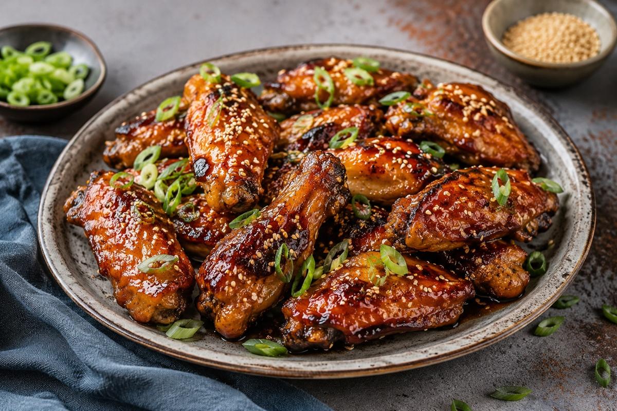 Aripioare de pui glazurate cu miso și caramel. Rețetă inspirată din combinațiile asiatice de dulce-sărat