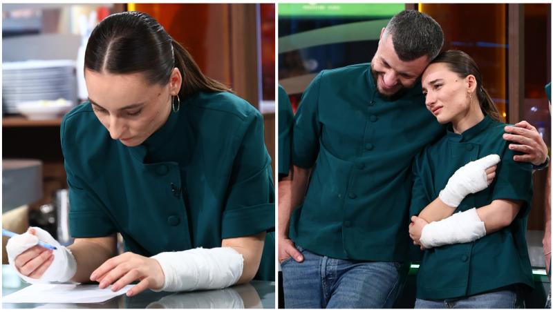 Colaj cu Marina Luca &icirc;n brațele unui coleg de la Chefi la cuțite, cu bandaje pe m&acirc;ini