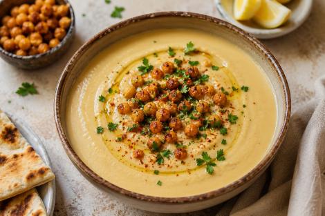 Supă cremoasă de năut cu tahini și lăm&acirc;ie. Rețetă inspirată din celebrul hummus oriental
