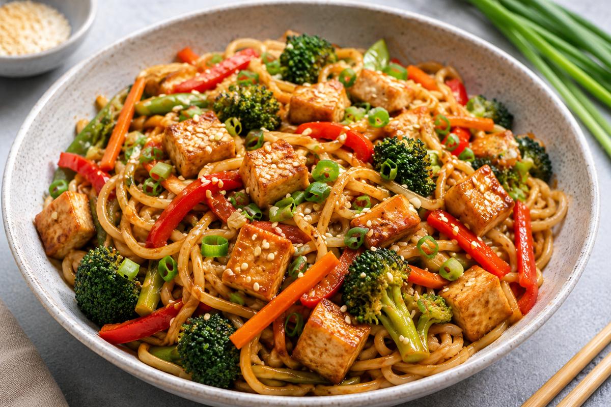 Tăiței cu tofu și legume la wok. Rețetă rapidă pentru o cină sănătoasă și plină de savoare