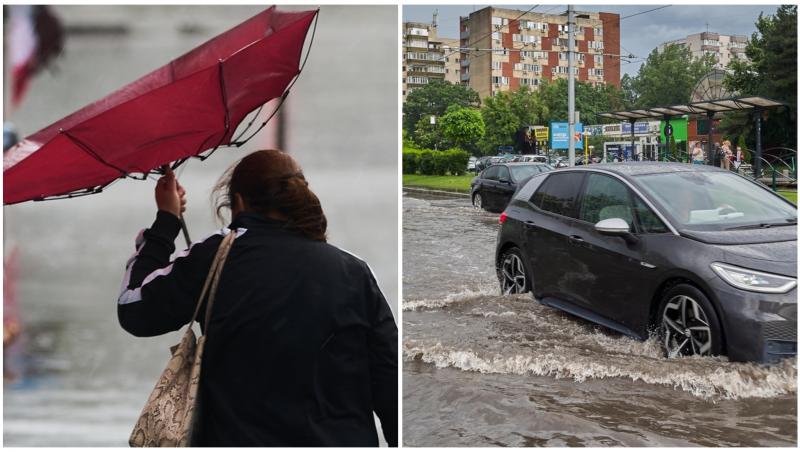 Colaj cu o femeie care are o umbrelă &icirc;ntoarsă de v&acirc;nt și inundații &icirc;n București