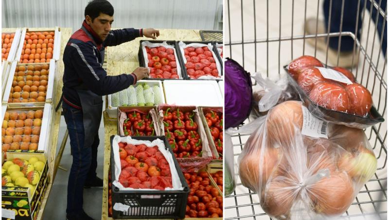 imagine cu barbat care aranjeaza legume si fructe in magazin