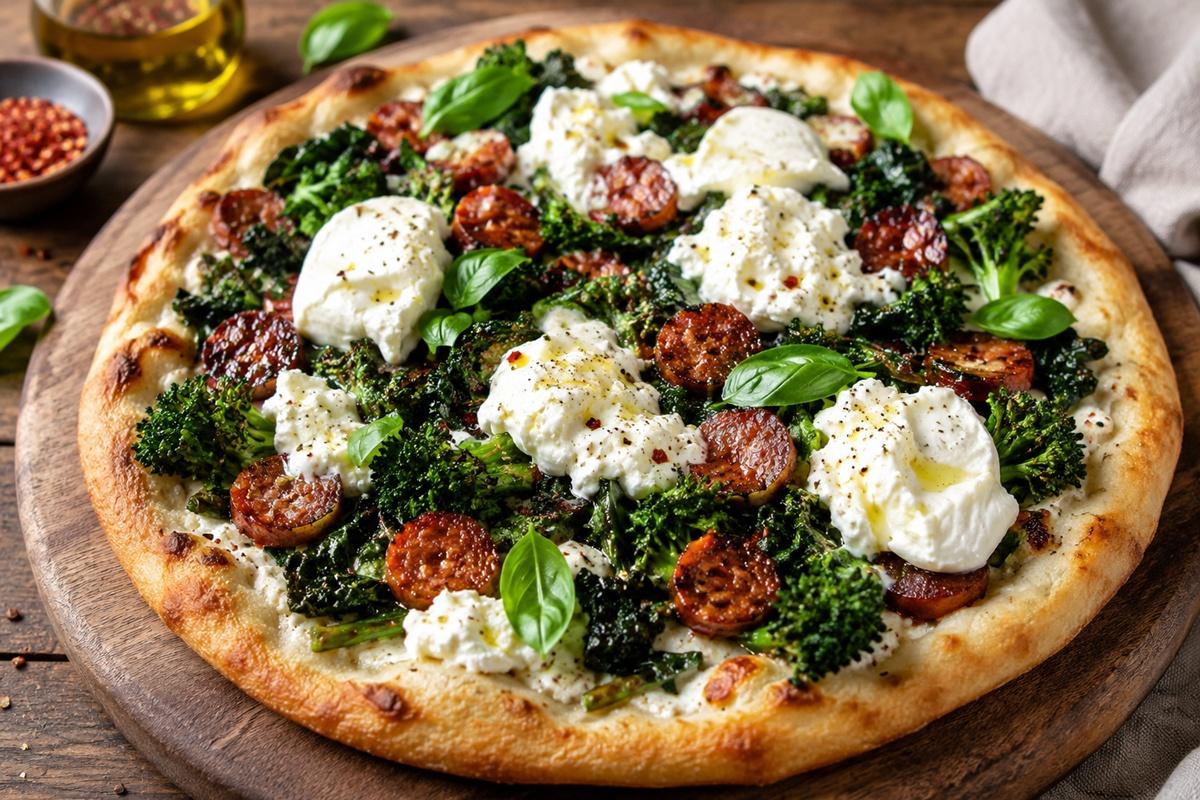 Pizza rustică cu c&acirc;rnați picanți, burrata și verdețuri de sezon, mai gustoasă și mai consistentă dec&acirc;t o pizza clasică