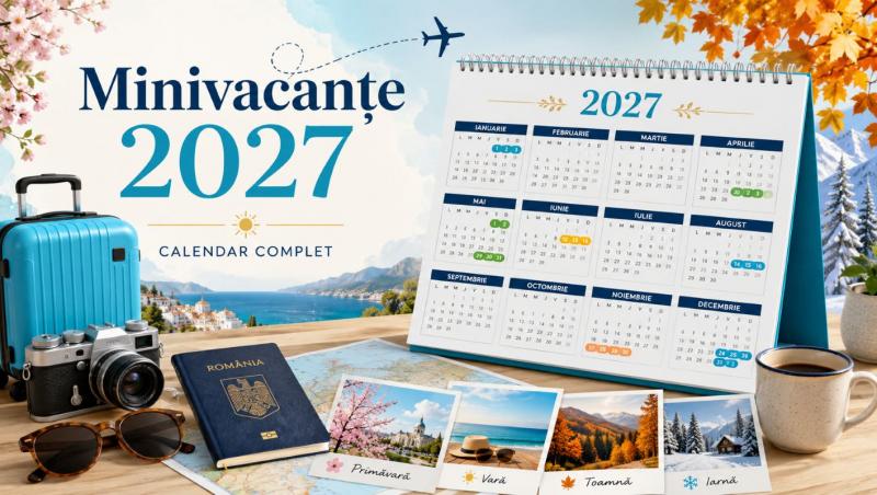 imagine cu un calendar pentru anul 2-27, poze din cele 4 anotimpuri si diferite obiecte precum cana, pasaport si ochelari de soare