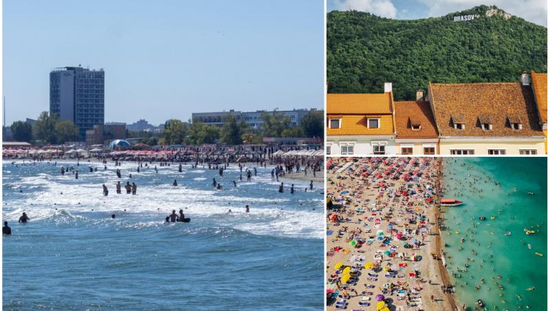 colaj foto cu imagine de pe Tampa cu numele orasului Brasov si imagini de pe litoralul romanesc