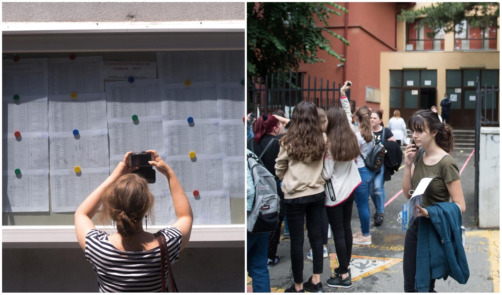 colaj foto cu persoan acare pozeaza un tabel cu informatii despre examenul de bacalaureat si poza cu elevi in curtea unui liceu