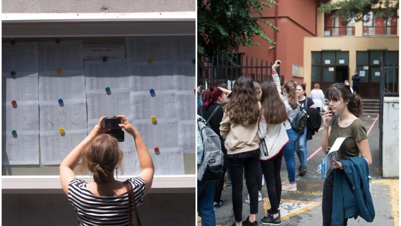 colaj foto cu persoan acare pozeaza un tabel cu informatii despre examenul de bacalaureat si poza cu elevi in curtea unui liceu