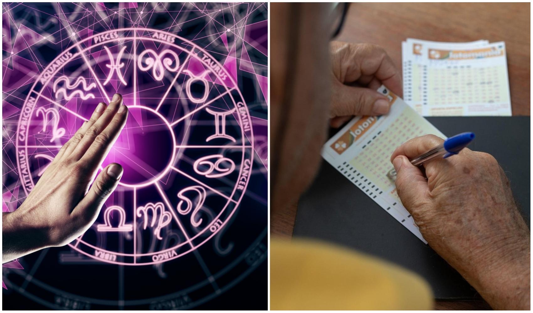 colaj foto cu cercul celor 12 zodii și imagine cu persoana jucand la loto