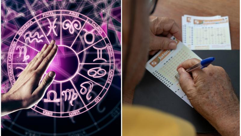 colaj foto cu cercul celor 12 zodii și imagine cu persoana jucand la loto