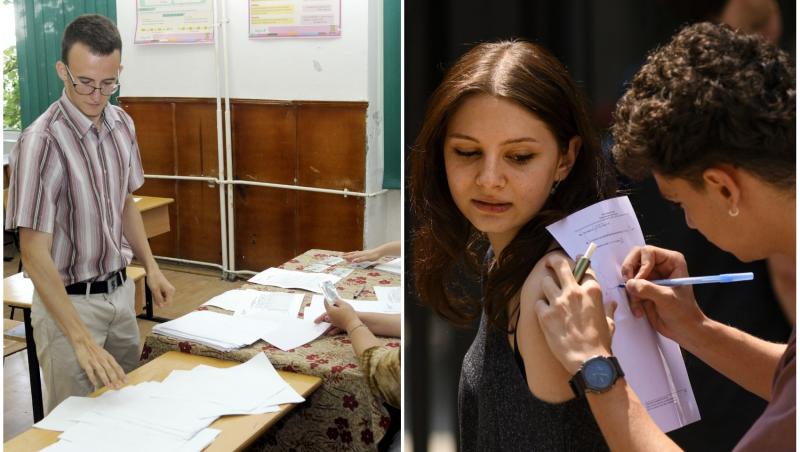 colaj foto cu profesor si elevi sustinand un examen si elevi desenand figuri la matematica